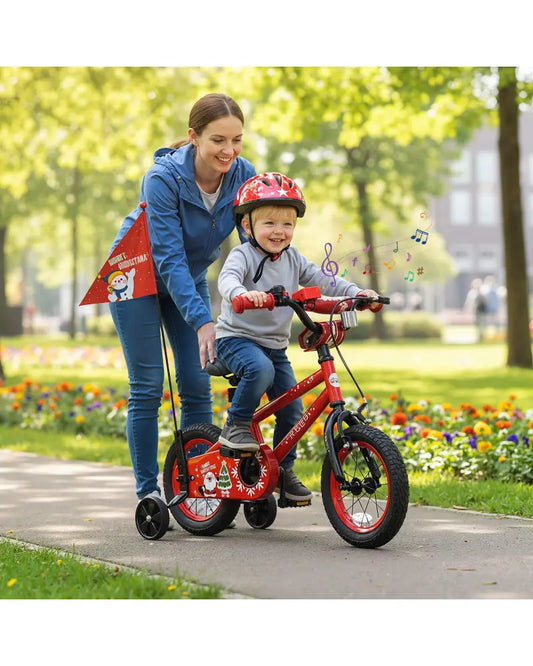 12 Inch Kids Bike Adjustable with Christmas Music & Flag for Aged 3-5 Years Old - Red - Kids Bike