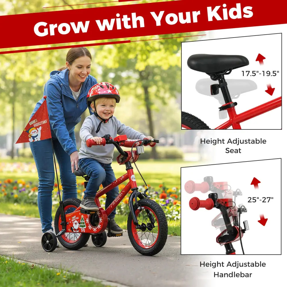 12 Inch Kids Bike Adjustable with Christmas Music & Flag for Aged 3-5 Years Old - Red - Kids Bike