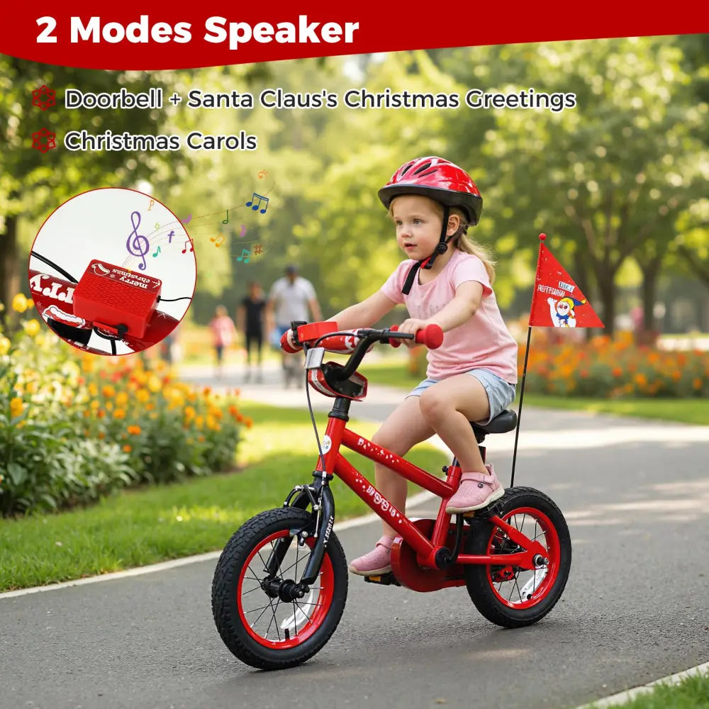12 Inch Kids Bike Adjustable with Christmas Music & Flag for Aged 3-5 Years Old - Red - Kids Bike