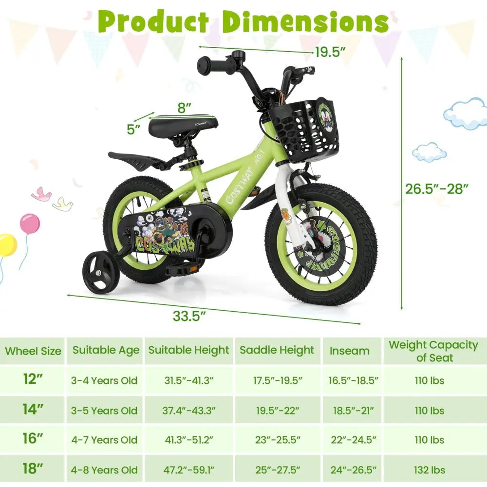 12 Inch Kids Bike Adjustable with Detachable Training Wheels for 3 - 4 Years Old - 12 inches - Oasis Home Essentials