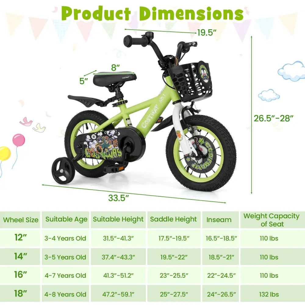 12 Inch Kids Bike Adjustable with Detachable Training Wheels for 3-4 Years Old-12 inches - Green - Kids Bike
