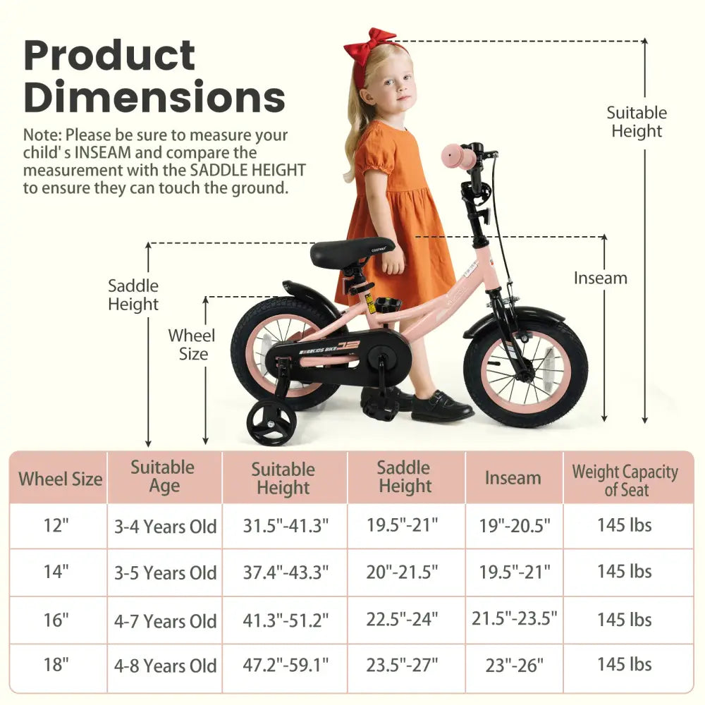 12 Inch Kids Bike Adjustable with Removable Training Wheels Pink for 3-8 Years Old - Pink - Kids Bike