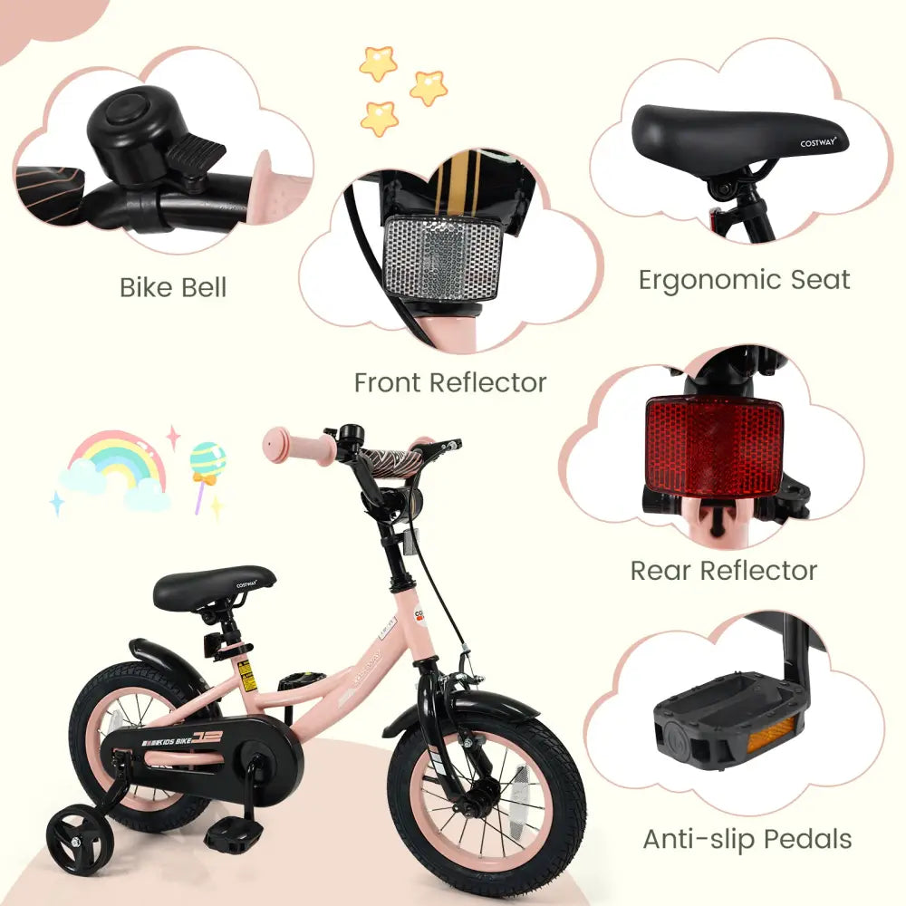 12 Inch Kids Bike Adjustable with Removable Training Wheels Pink for 3-8 Years Old - Pink - Kids Bike