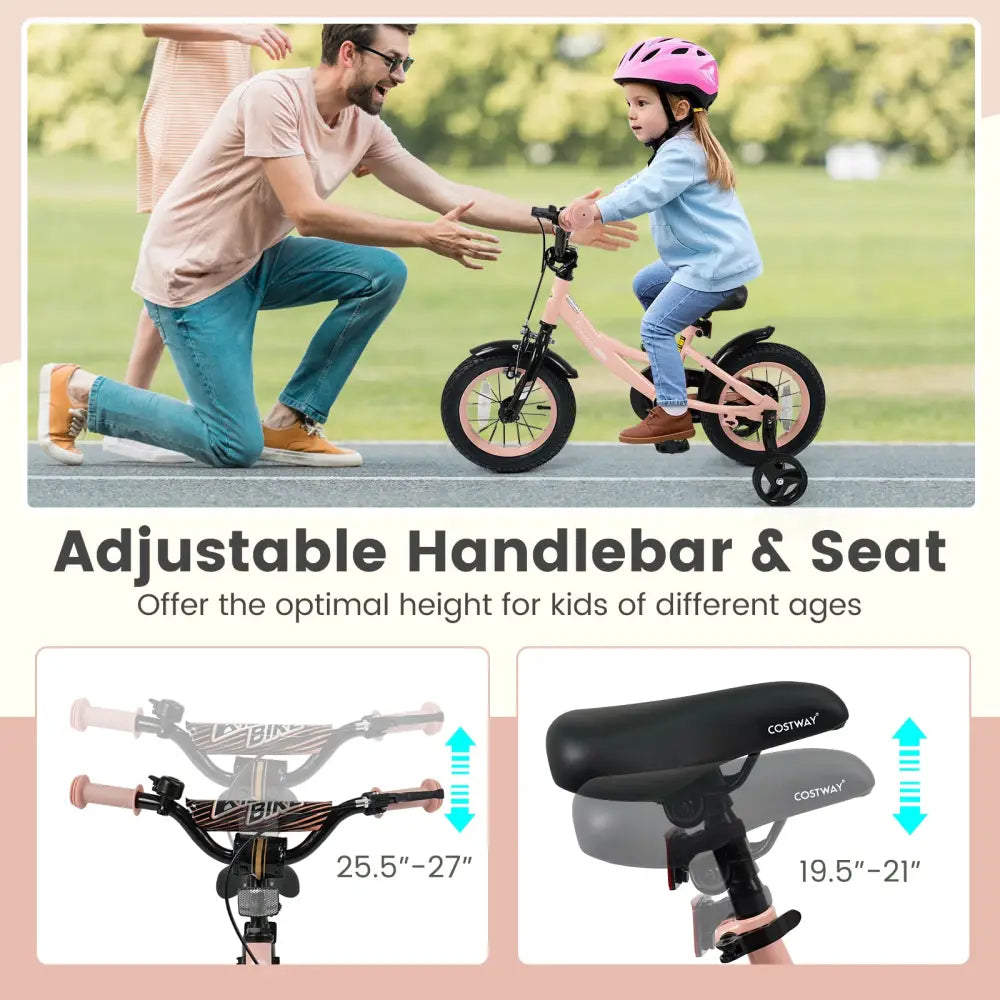 12 Inch Kids Bike Adjustable with Removable Training Wheels Pink for 3-8 Years Old - Pink - Kids Bike