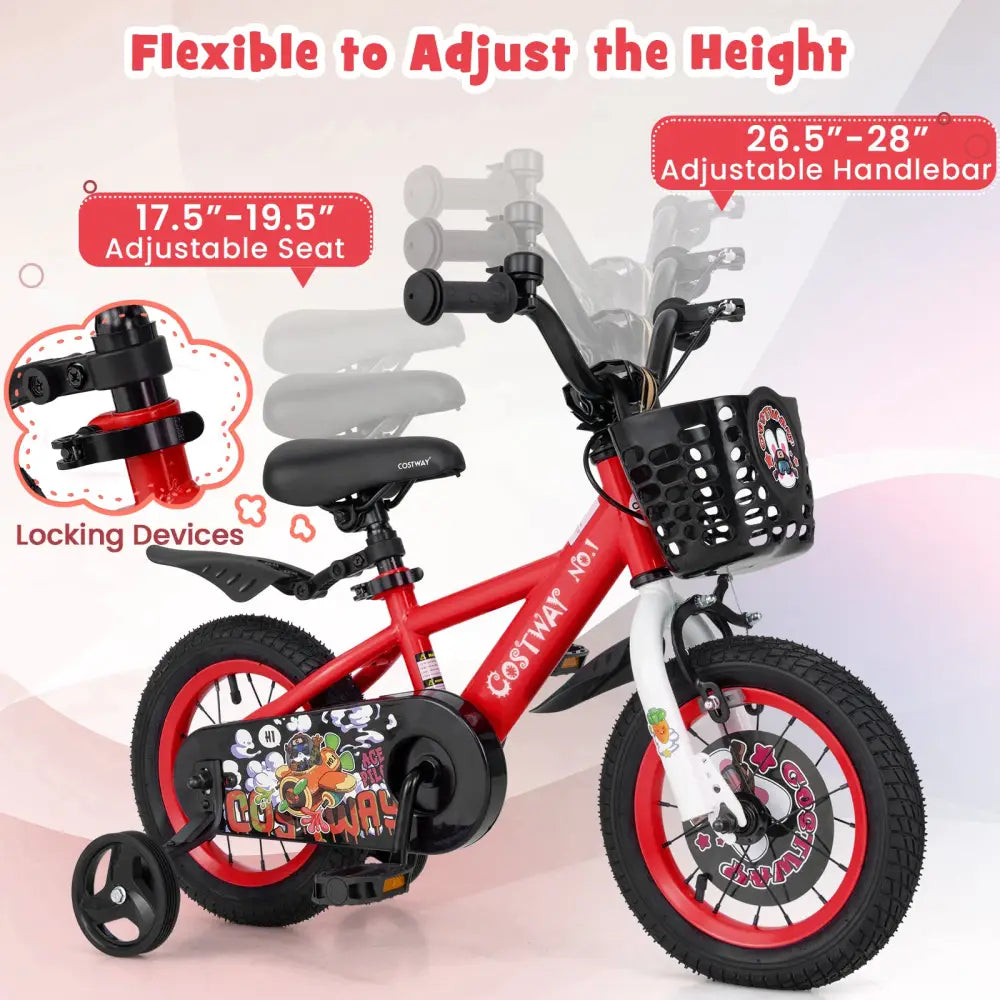 12 Inch Kids Bike Adjustable with Storage Basket and Double Brake for 3-4 Years Old-12 inches - Red - Kids Bike