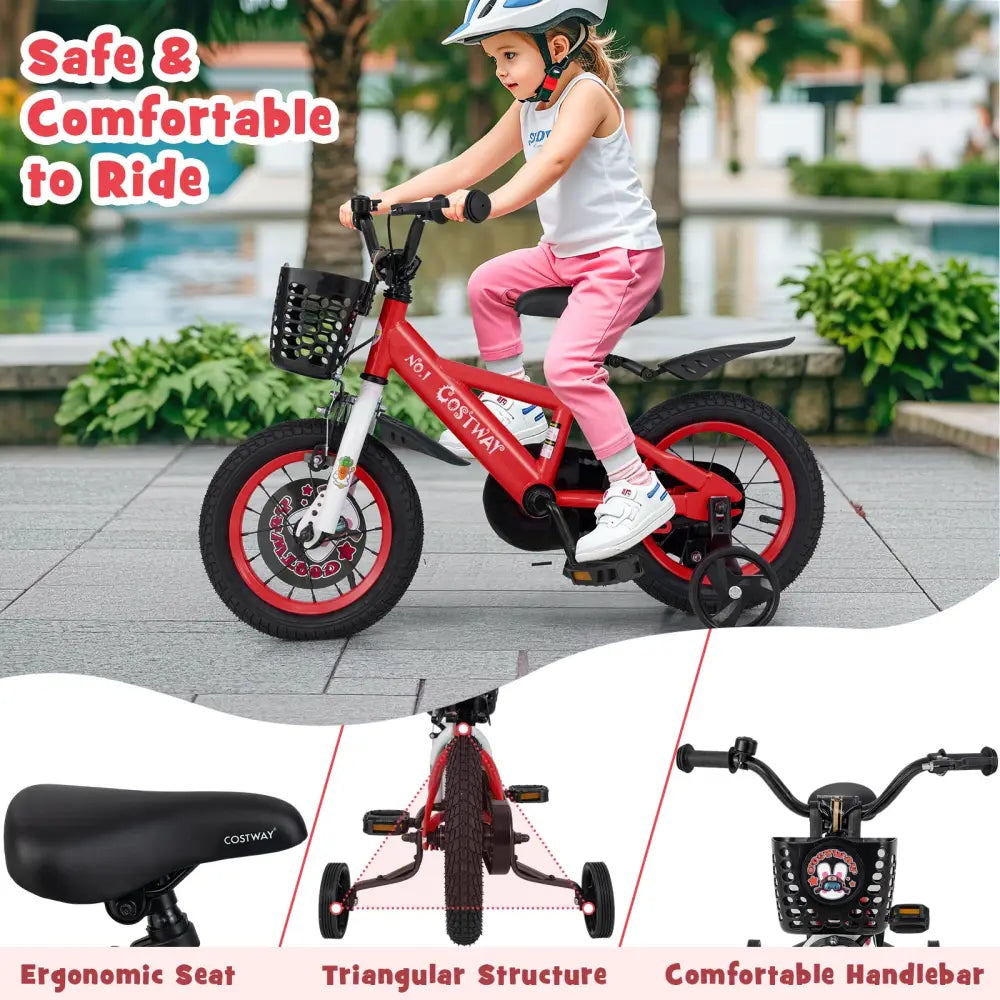 12 Inch Kids Bike Adjustable with Storage Basket and Double Brake for 3-4 Years Old-12 inches - Red - Kids Bike
