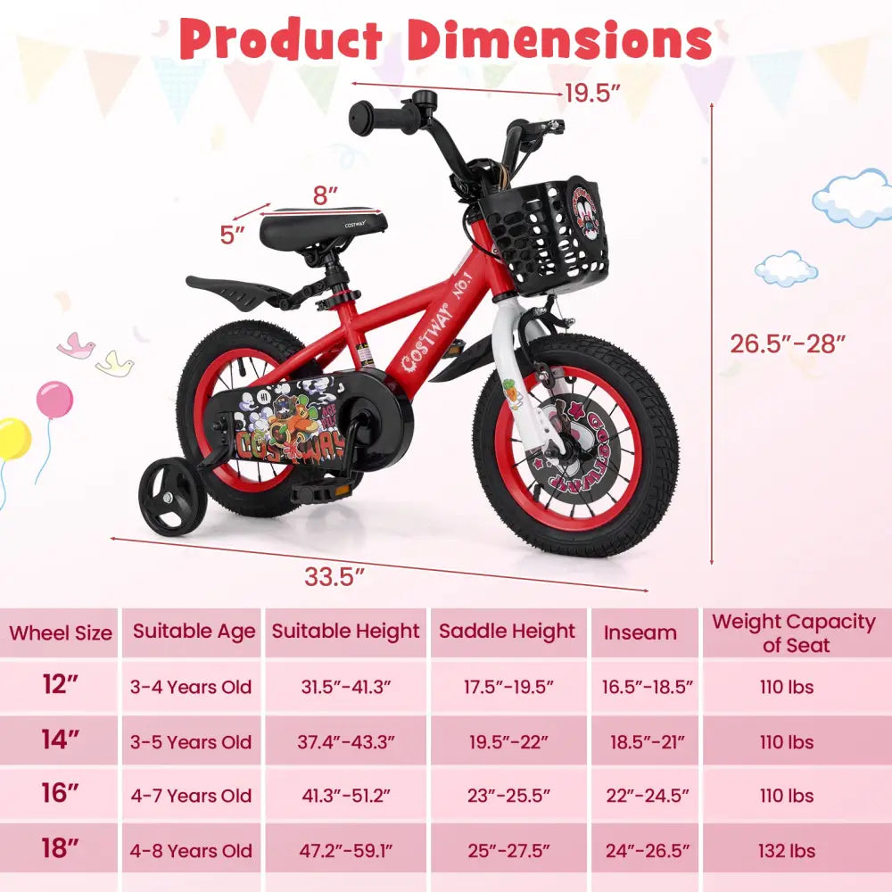 12 Inch Kids Bike Adjustable with Storage Basket and Double Brake for 3-4 Years Old-12 inches - Red - Kids Bike