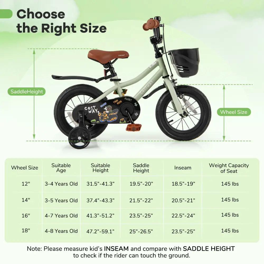 12-Inch Kids Bike Adjustable with Training Wheels for 3-4 Years Old - Green - Kids Bike