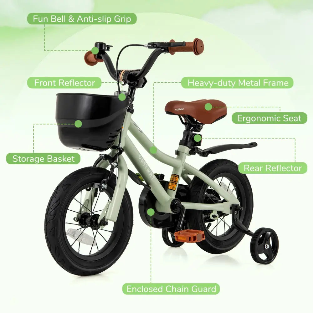 12-Inch Kids Bike Adjustable with Training Wheels for 3-4 Years Old - Green - Kids Bike