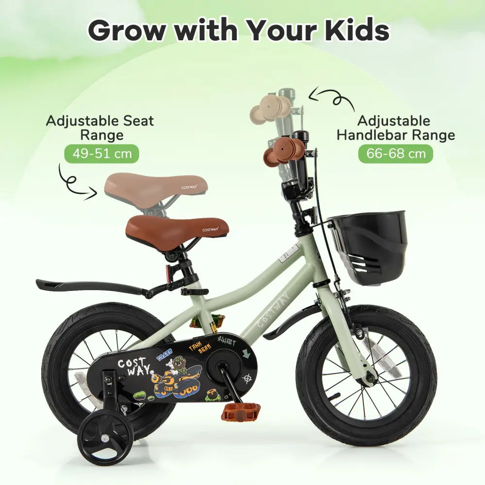 12-Inch Kids Bike Adjustable with Training Wheels for 3-4 Years Old - Green - Kids Bike