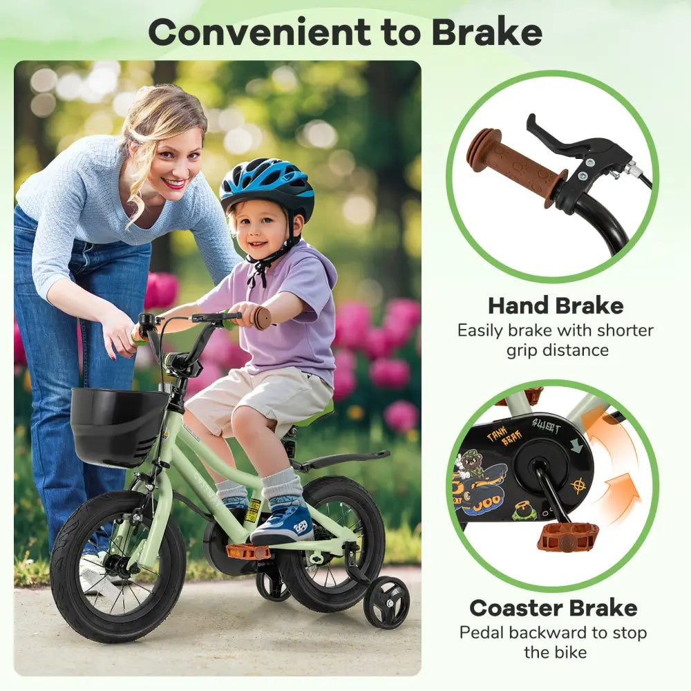 12-Inch Kids Bike Adjustable with Training Wheels for 3-4 Years Old - Green - Kids Bike
