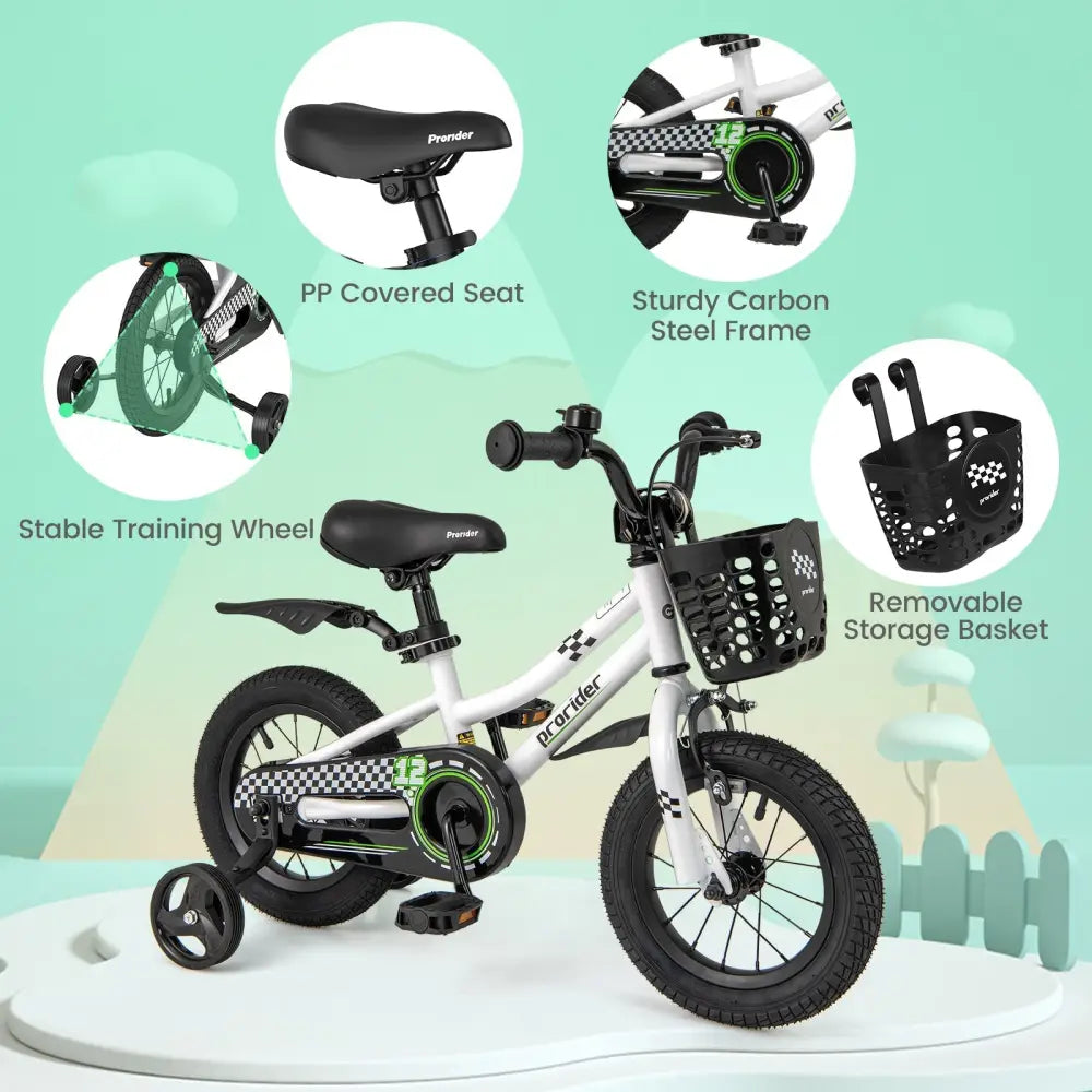 12 Inch Kids Bike Children Bicycle with Training Wheels for 3 - 4 Years Old - White - Oasis Home Essentials
