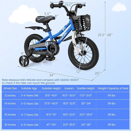 12 Inch Kids Bike Children Bicycle with Training Wheels for 3 - 4 Years Old - Navy - Oasis Home Essentials