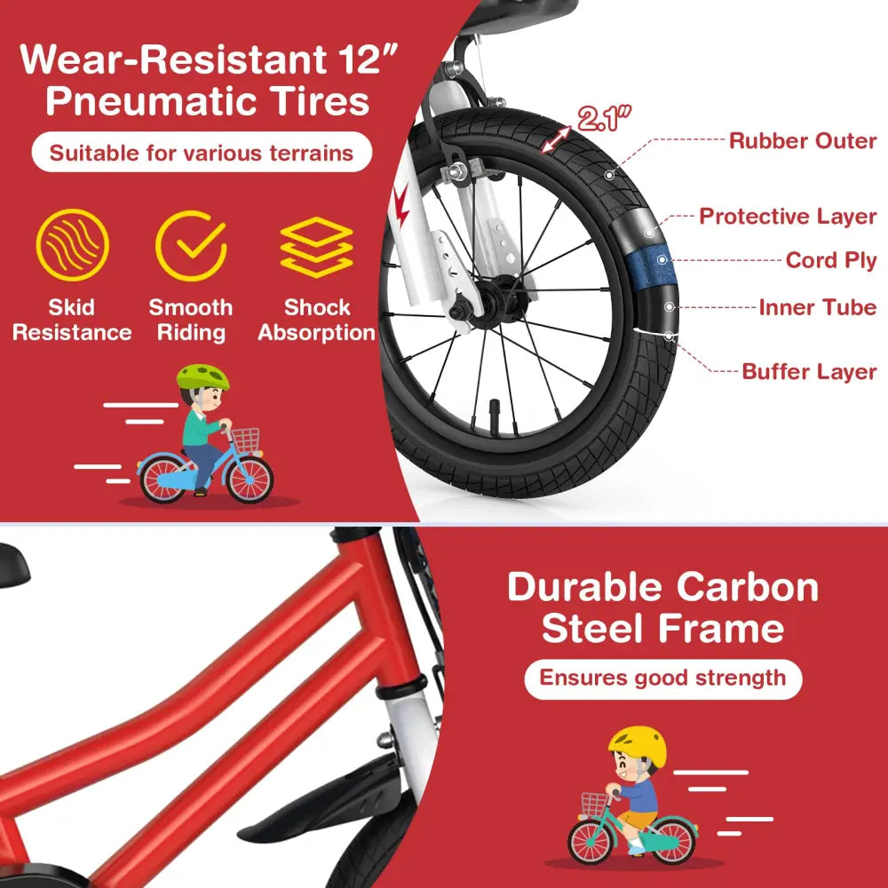 12 Inch Kids Bike Children Bicycle with Training Wheels for 3-4 Years Old-Red - Red - Kids Bike