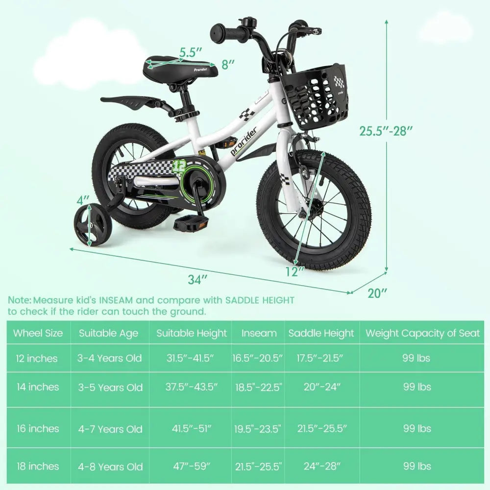 12 Inch Kids Bike Children Bicycle with Training Wheels for 3 - 4 Years Old - White - Oasis Home Essentials