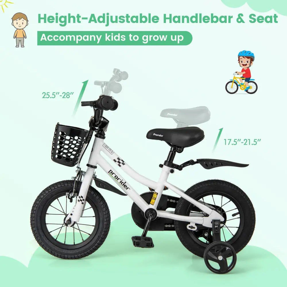 12 Inch Kids Bike Children Bicycle with Training Wheels for 3 - 4 Years Old - White - Oasis Home Essentials