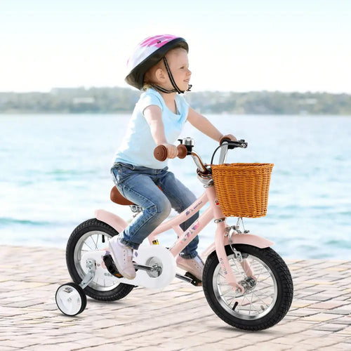 12 Inch Kids Bike Retro Bicycle with Adjustable Height and Basket for Ages 3-8 Years Old - Pink - Kids Bike