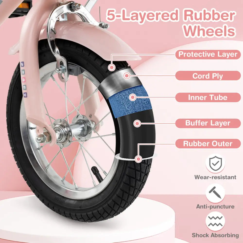 12 Inch Kids Bike Retro Bicycle with Adjustable Height and Basket for Ages 3-8 Years Old - Pink - Kids Bike