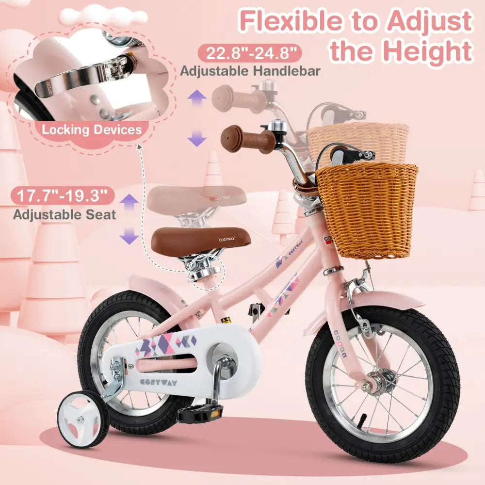 12 Inch Kids Bike Retro Bicycle with Adjustable Height and Basket for Ages 3-8 Years Old - Pink - Kids Bike