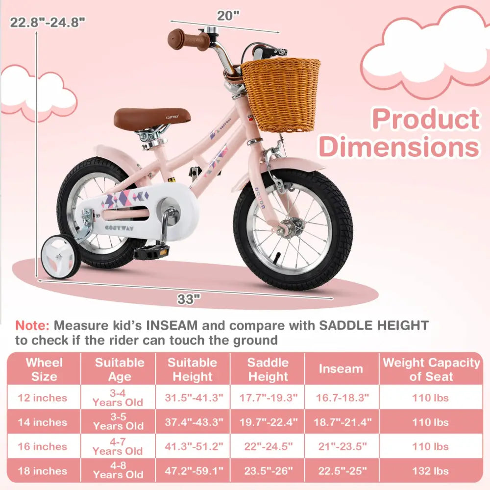 12 Inch Kids Bike Retro Bicycle with Adjustable Height and Basket for Ages 3-8 Years Old - Pink - Kids Bike