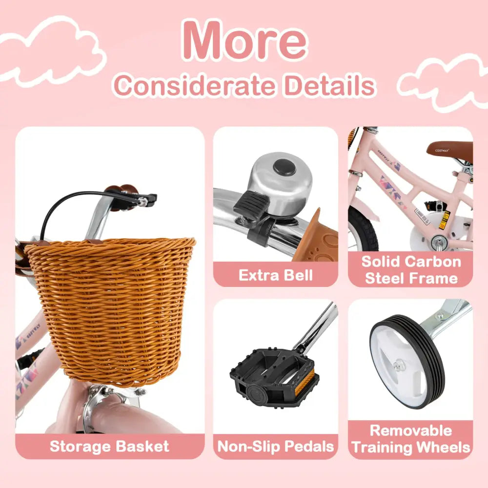 12 Inch Kids Bike Retro Bicycle with Adjustable Height and Basket for Ages 3-8 Years Old - Pink - Kids Bike