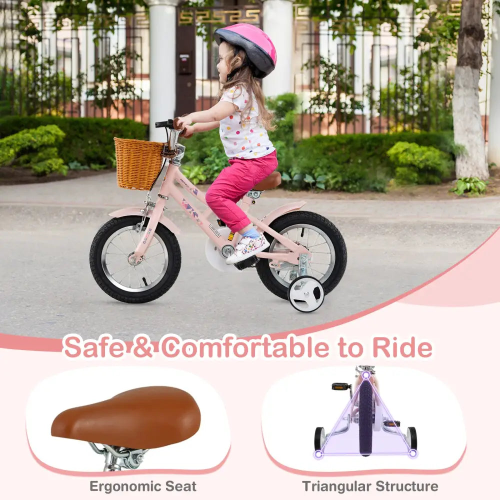 12 Inch Kids Bike Retro Bicycle with Adjustable Height and Basket for Ages 3-8 Years Old - Pink - Kids Bike