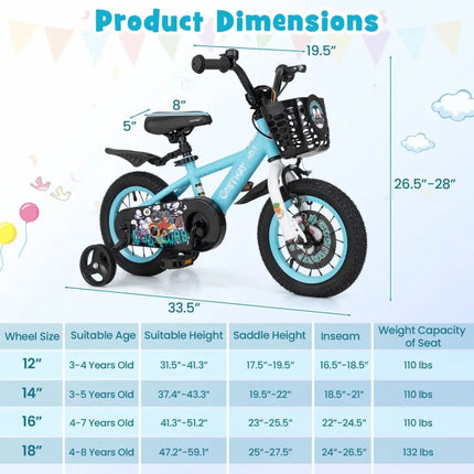 12 Inch Kids Bike with Adjustable Handlebar and Saddle for 3 - 4 Years Old - 12 inches - Oasis Home Essentials