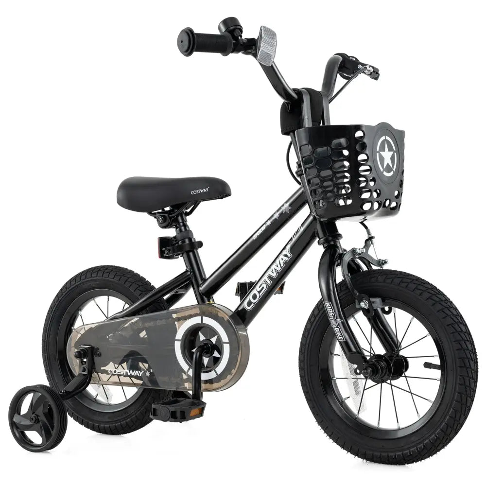 12 Inch Kids Bike with Basket and Training Wheels for Children Aged 3-5 Years Old - Black - Kids Bike