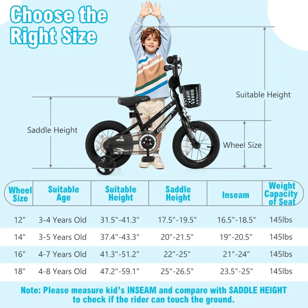 12 Inch Kids Bike with Basket and Training Wheels for Children Aged 3 - 5 Years Old - Oasis Home Essentials
