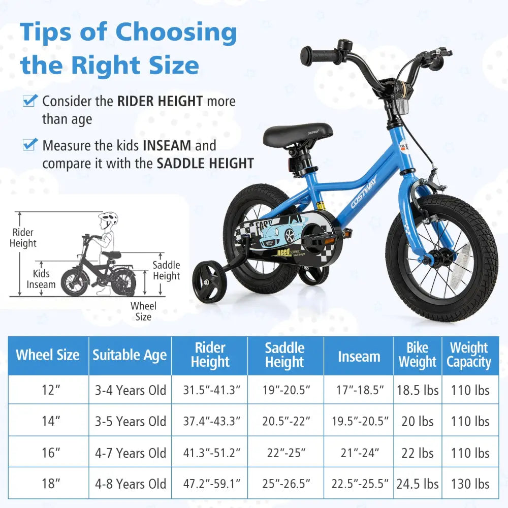 12 Inch Kids Bike with Removable Training Wheels for Aged 3-4 Years Old - Blue - Kids Bike