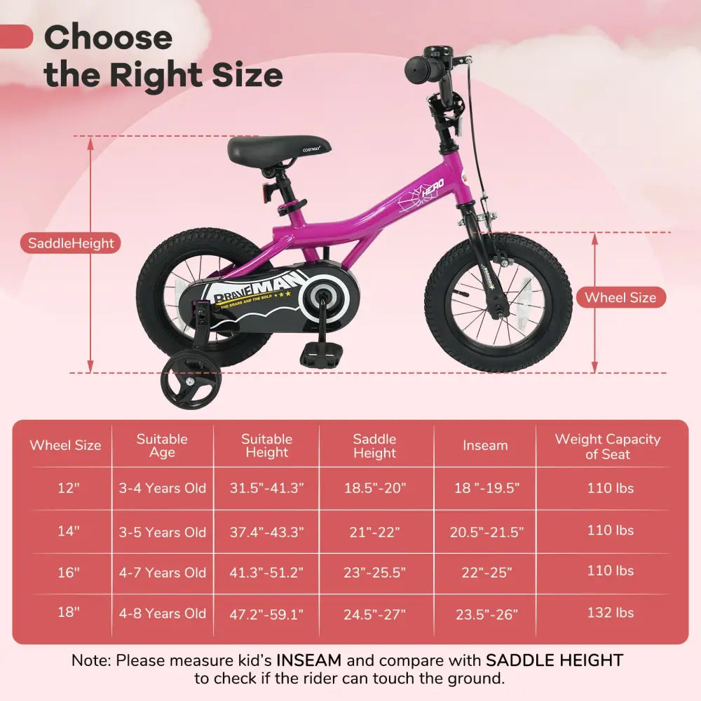 12-Inch Kids Bike with Removable Training Wheels Pink-Brave Hero - Kids Bike