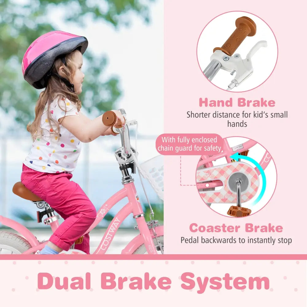 12 Inch Kids Bike with Training Wheels and Basket for Boys Girls 3-4 Years Old - Peach - Kids Bike