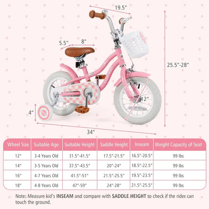 12 Inch Kids Bike with Training Wheels and Basket for Boys Girls 3 - 4 Years Old - Oasis Home Essentials