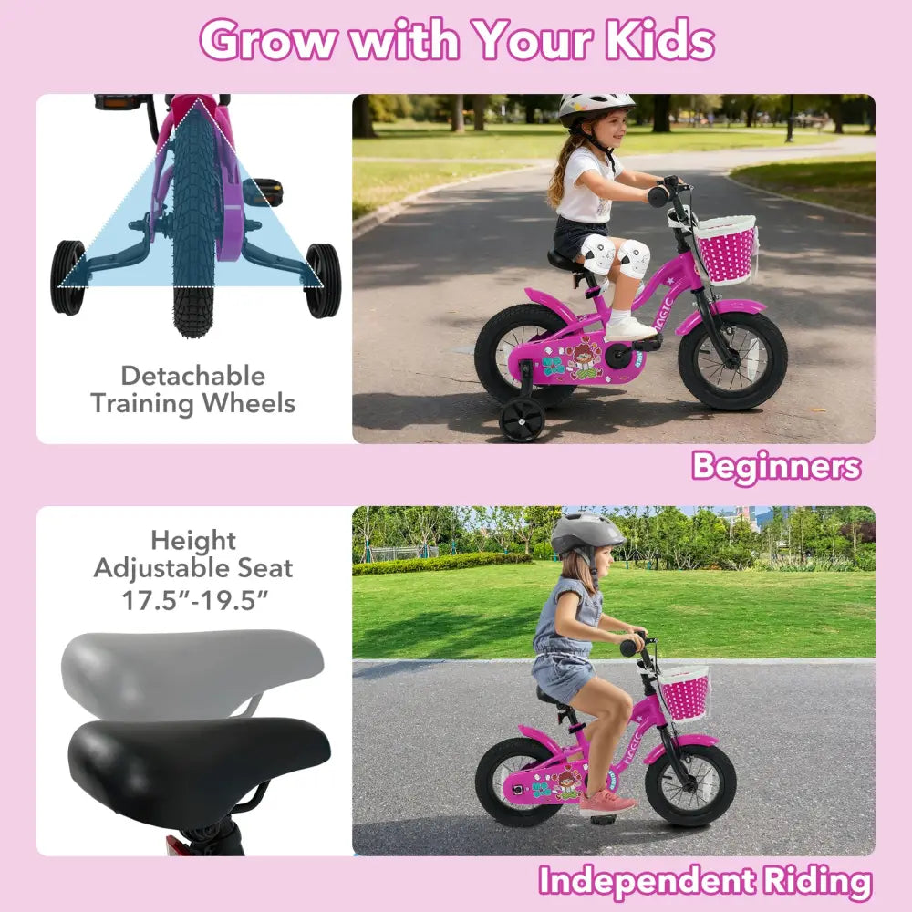12 Inch Kids Bike with Training Wheels for Aged 3-4 Years Old - Magic Rose - Rose Red - Kids Bike