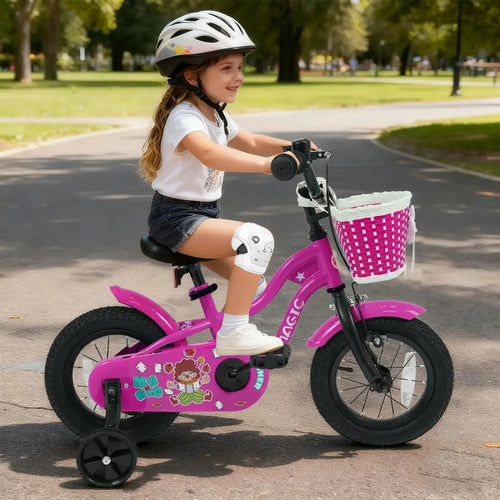 12 Inch Kids Bike with Training Wheels for Aged 3-4 Years Old - Magic Rose - Rose Red - Kids Bike