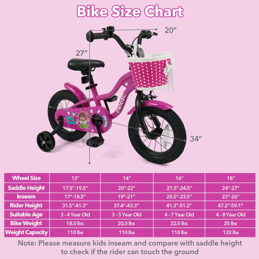 12 Inch Kids Bike with Training Wheels for Aged 3-4 Years Old - Magic Rose - Rose Red - Kids Bike