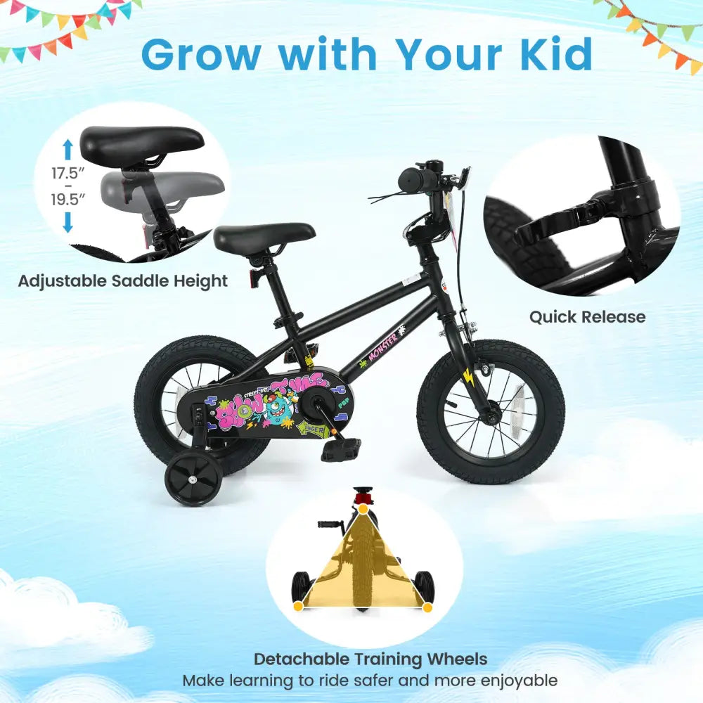 12 Inch Kids Bike with Training Wheels for Ages 3-4 Years Old Black- Street Art Time - Black - Kids Bike