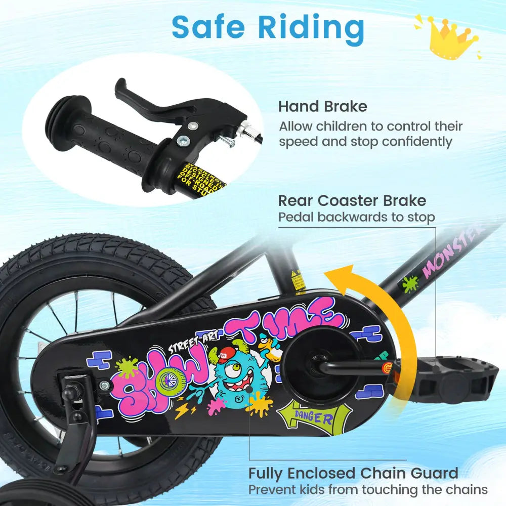 12 Inch Kids Bike with Training Wheels for Ages 3-4 Years Old Black- Street Art Time - Black - Kids Bike