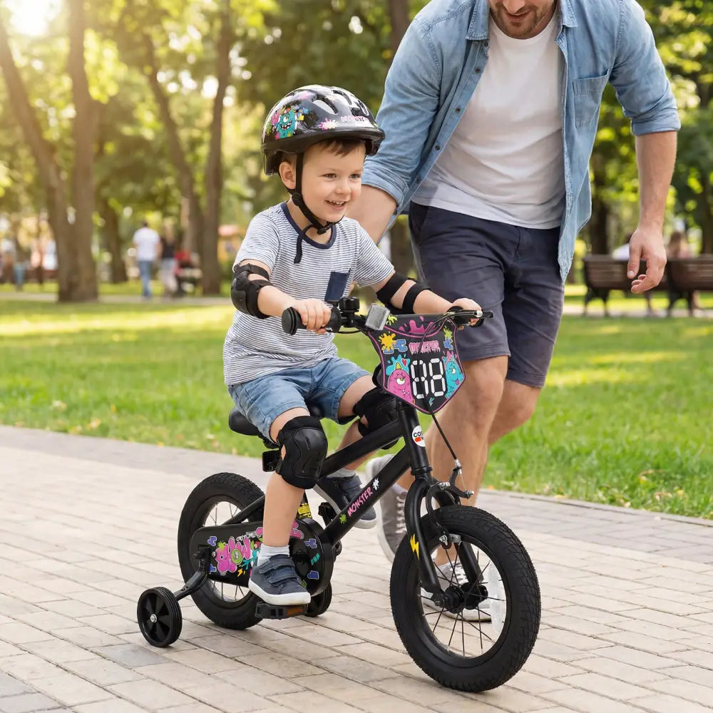 12 Inch Kids Bike with Training Wheels for Ages 3-4 Years Old Black- Street Art Time - Black - Kids Bike