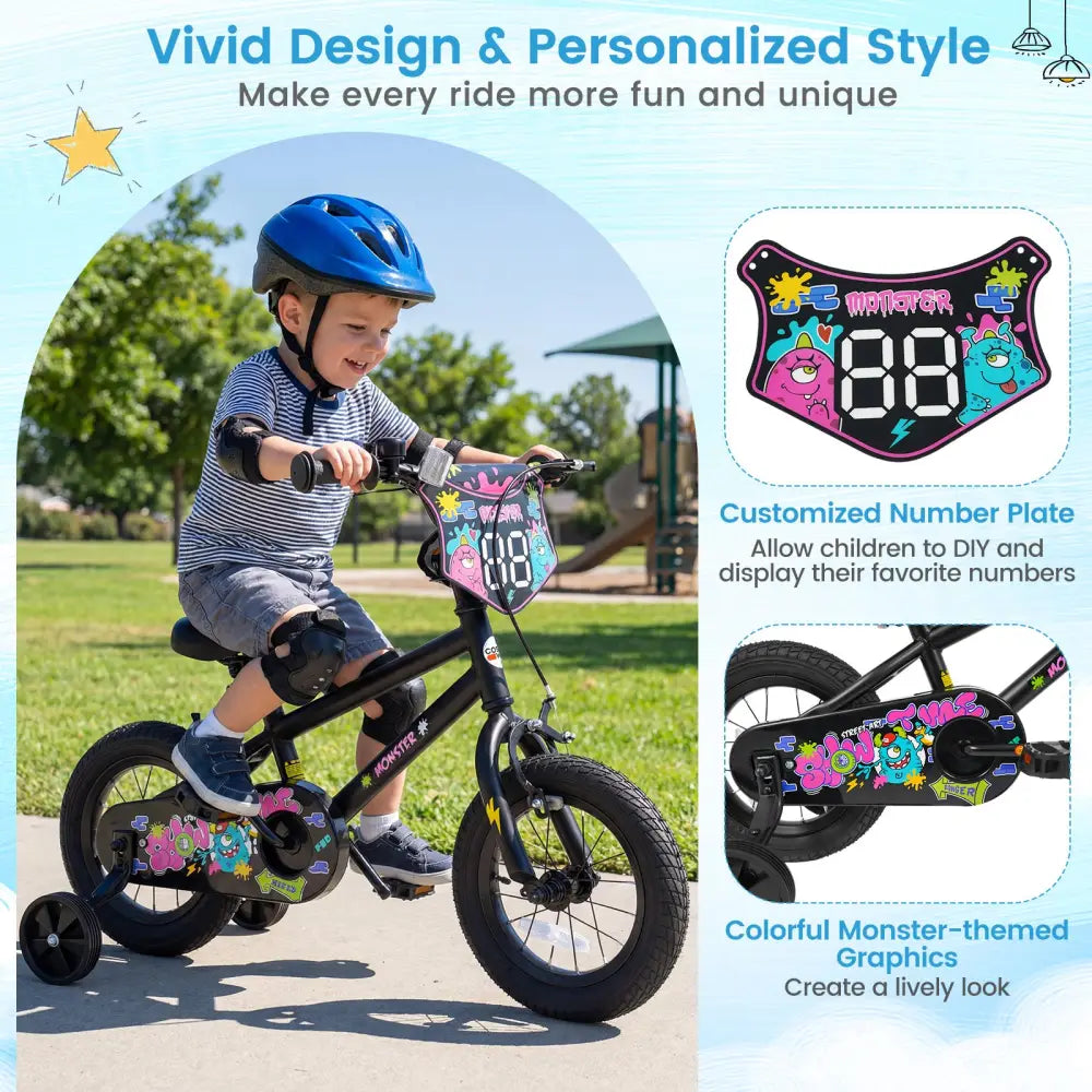 12 Inch Kids Bike with Training Wheels for Ages 3-4 Years Old Black- Street Art Time - Black - Kids Bike