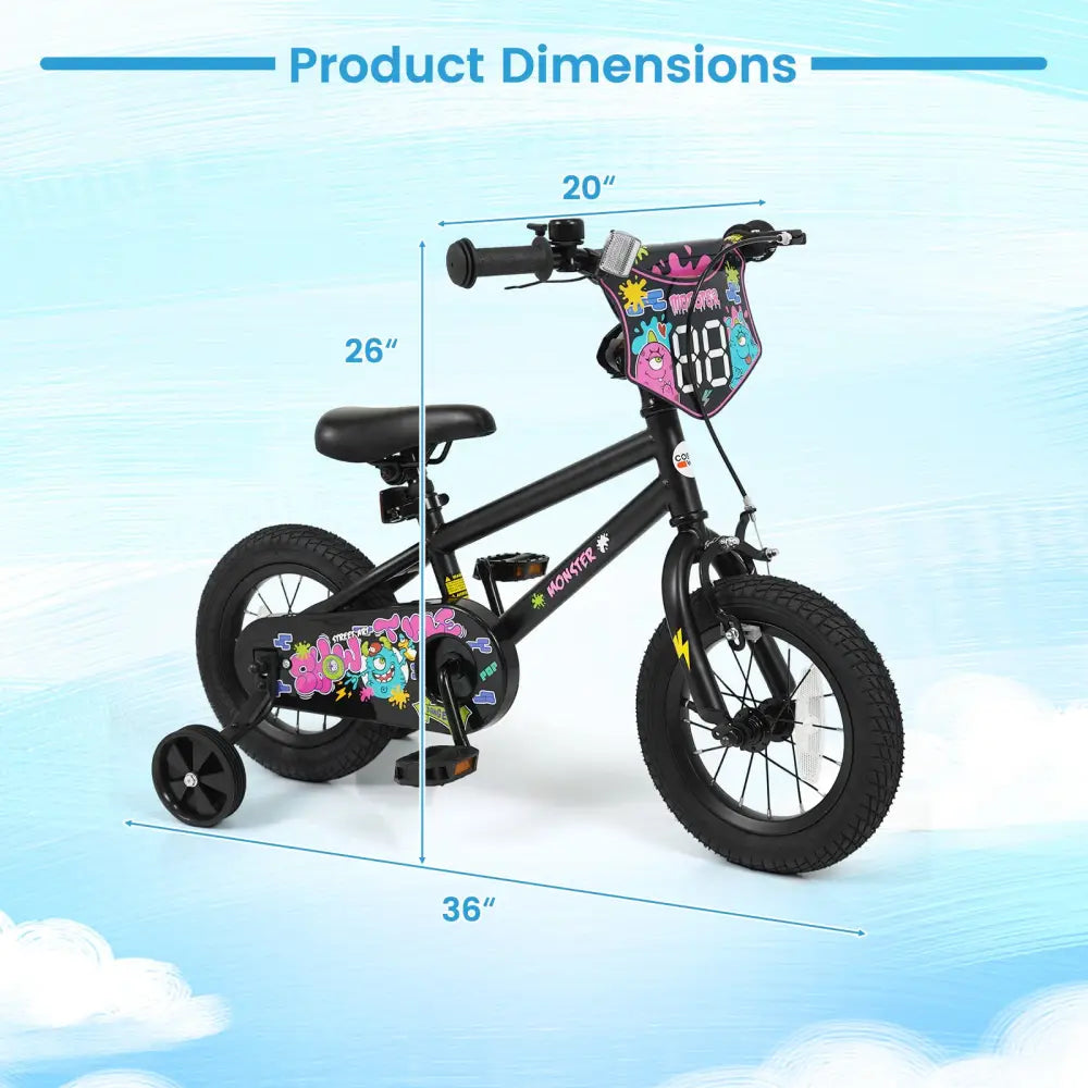 12 Inch Kids Bike with Training Wheels for Ages 3-4 Years Old Black- Street Art Time - Black - Kids Bike