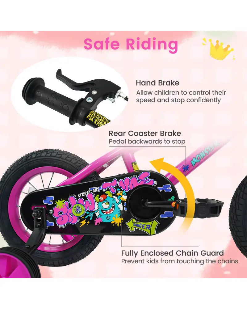 12 Inch Kids Bike with Training Wheels for Ages 3-4 Years Old Pink- Street Art Time - Pink - Kids Bike