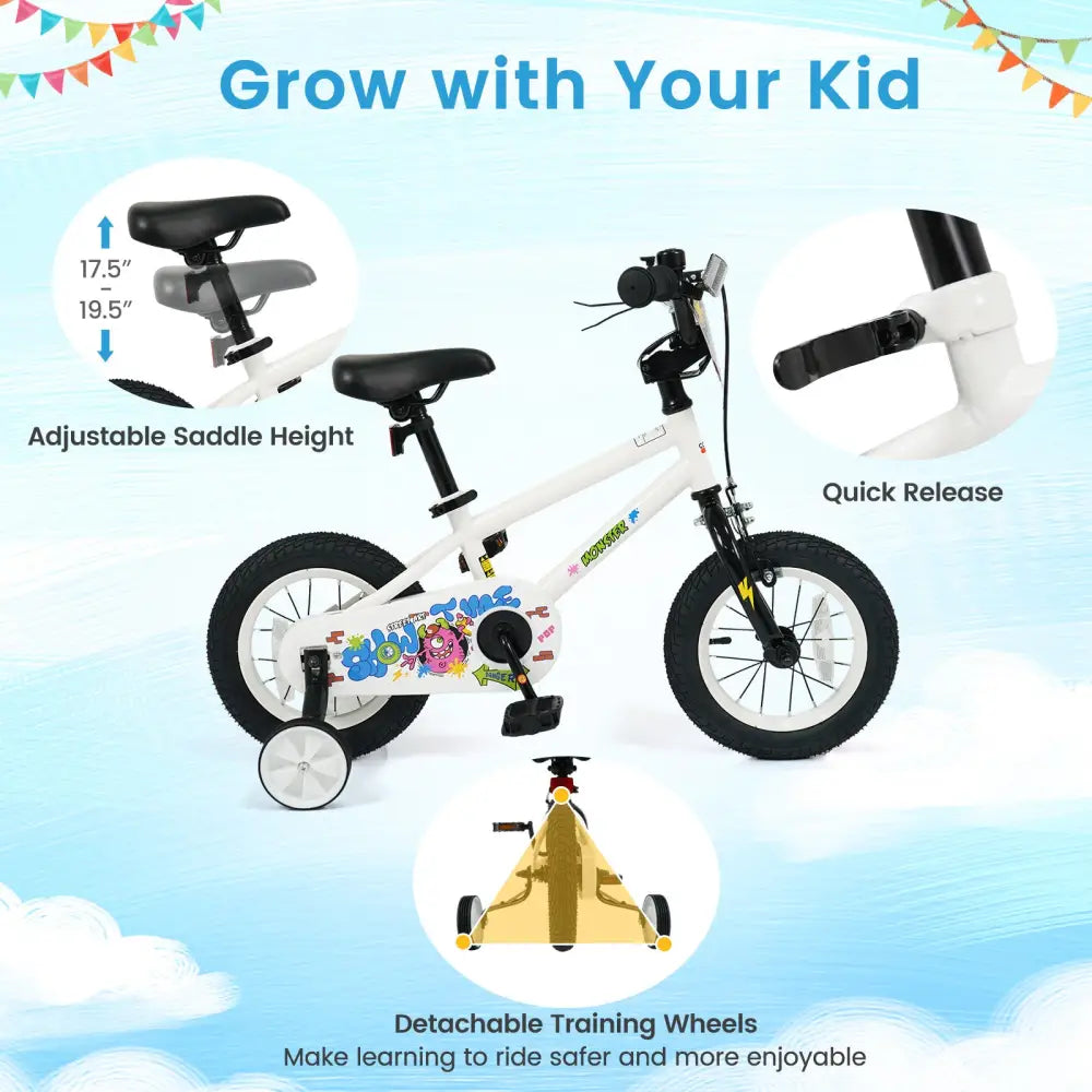 12 Inch Kids Bike with Training Wheels for Ages 3-4 Years Old White- Street Art Time - White - Kids Bike