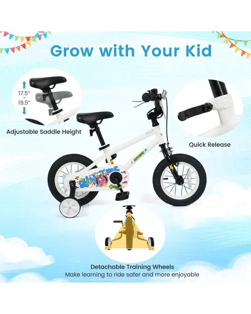 12 Inch Kids Bike with Training Wheels for Ages 3-4 Years Old White- Street Art Time - White - Kids Bike