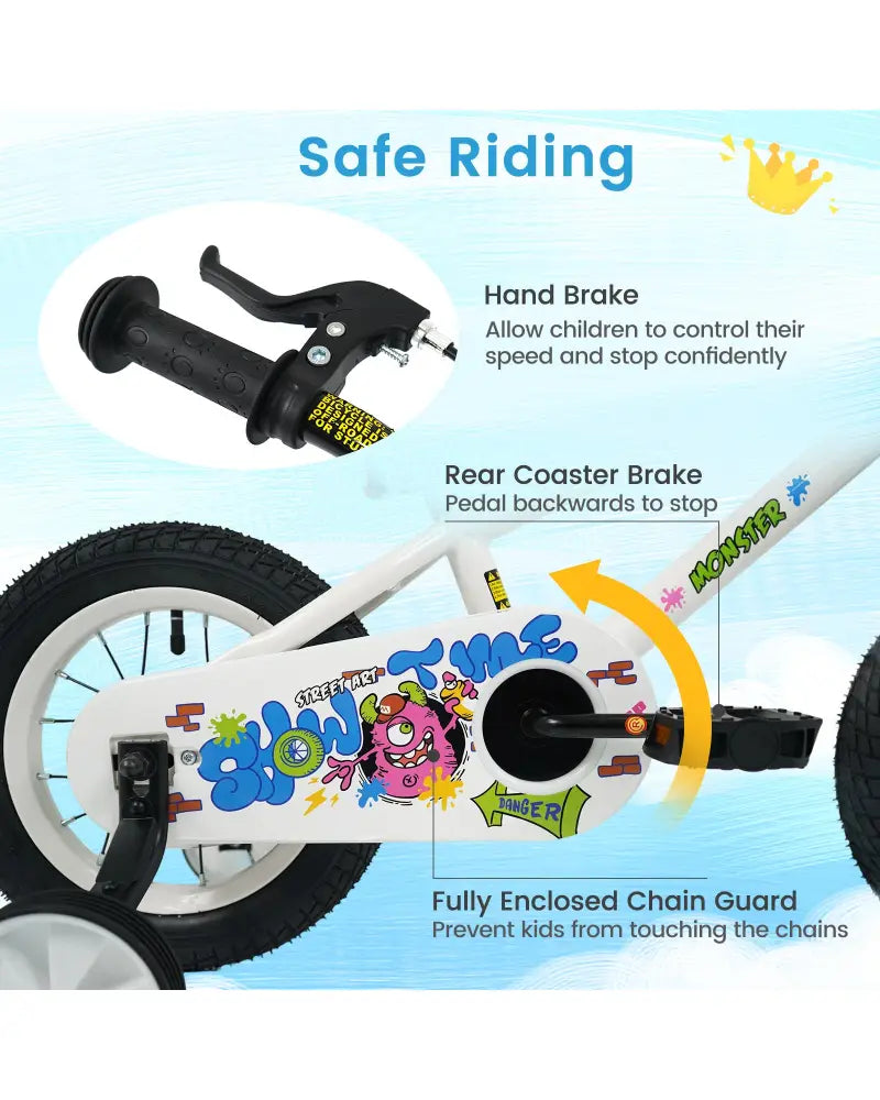 12 Inch Kids Bike with Training Wheels for Ages 3-4 Years Old White- Street Art Time - White - Kids Bike