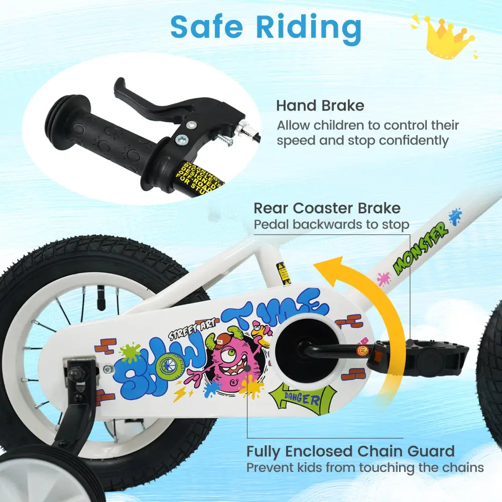 12 Inch Kids Bike with Training Wheels for Ages 3-4 Years Old White- Street Art Time - White - Kids Bike
