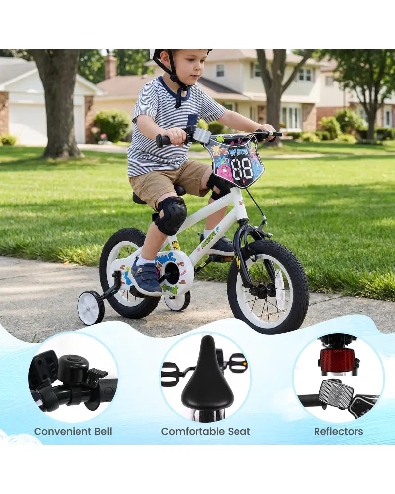 12 Inch Kids Bike with Training Wheels for Ages 3-4 Years Old White- Street Art Time - White - Kids Bike