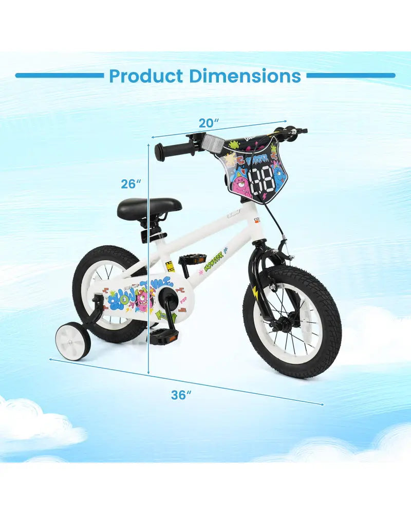 12 Inch Kids Bike with Training Wheels for Ages 3-4 Years Old White- Street Art Time - White - Kids Bike