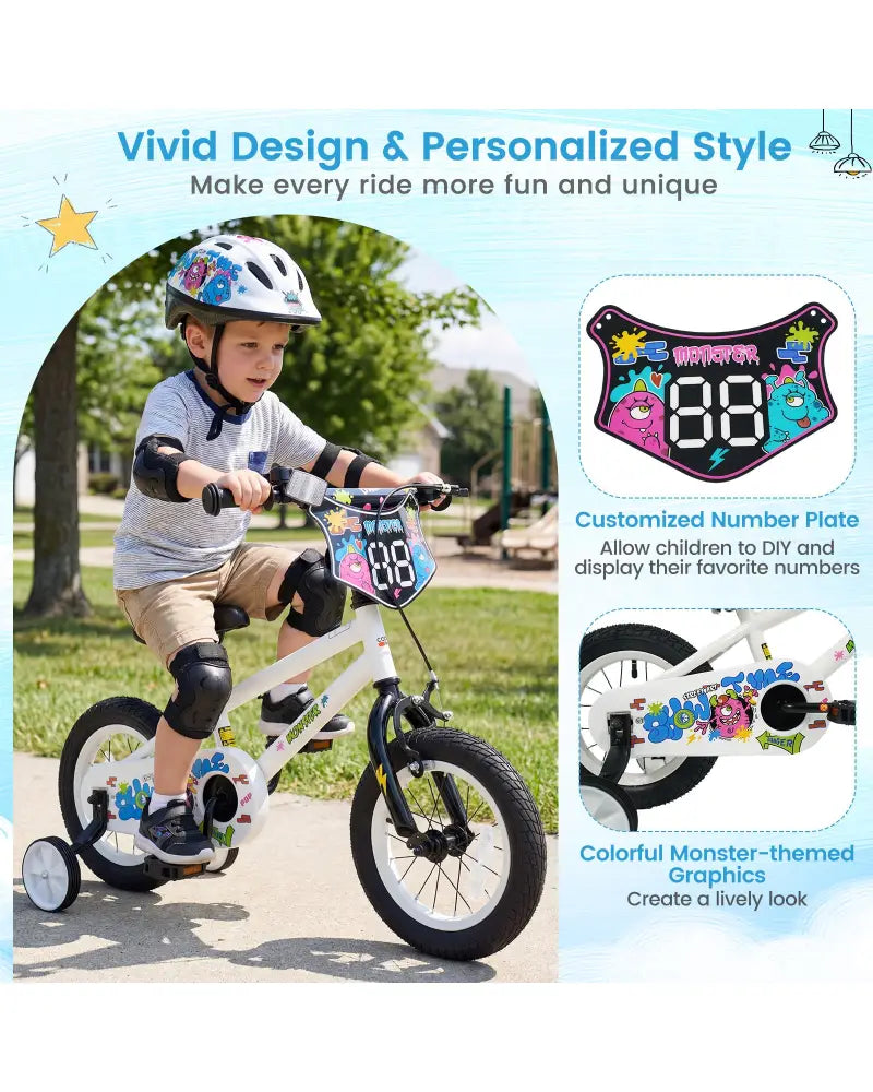 12 Inch Kids Bike with Training Wheels for Ages 3-4 Years Old White- Street Art Time - White - Kids Bike