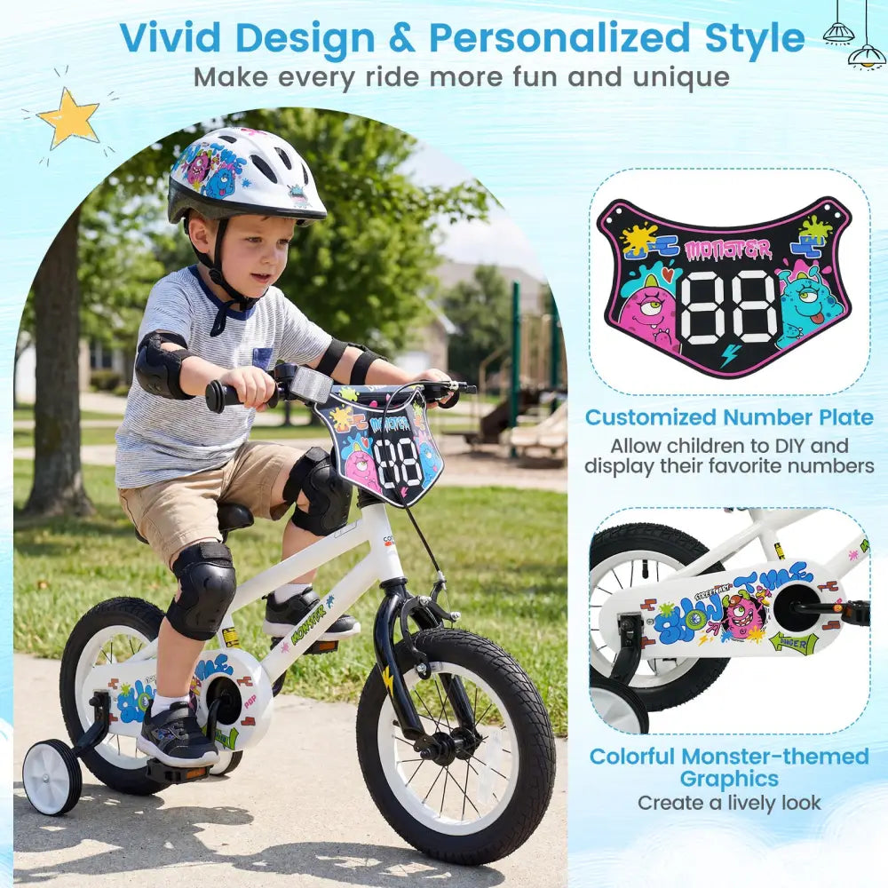 12 Inch Kids Bike with Training Wheels for Ages 3-4 Years Old White- Street Art Time - White - Kids Bike